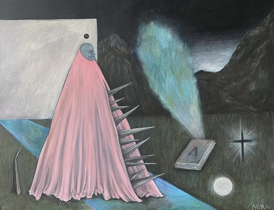 Image of A Pilgrim’s Premonition / Передчуття паломника by ABRA, size: 65x50 cm, made of canvas,acrylic,colored pencil, Painting medium, from Lviv, part of the Thresholds and omens series, priced at $600