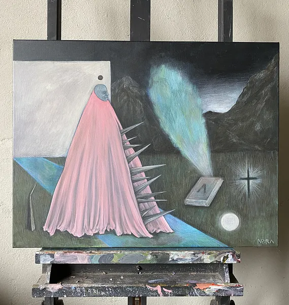 Image of A Pilgrim’s Premonition / Передчуття паломника by ABRA, size: 65x50 cm, made of canvas,acrylic,colored pencil, Painting medium, from Lviv, part of the Thresholds and omens series, priced at $600 Photo 2 of 6.