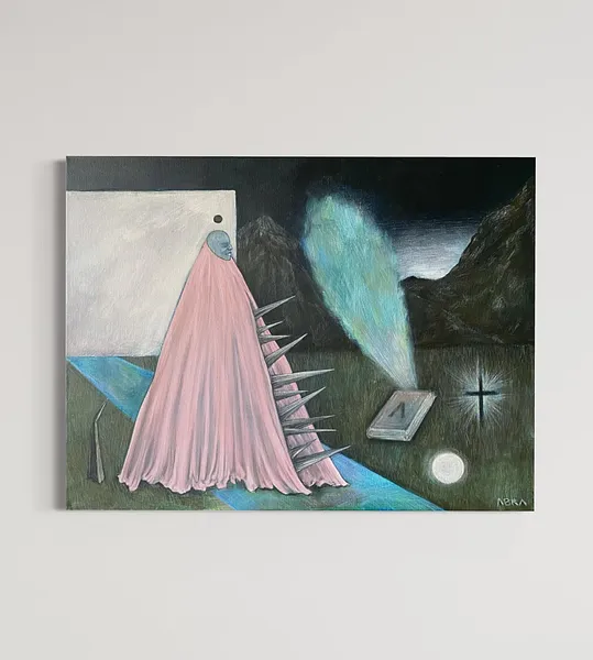 Image of A Pilgrim’s Premonition / Передчуття паломника by ABRA, size: 65x50 cm, made of canvas,acrylic,colored pencil, Painting medium, from Lviv, part of the Thresholds and omens series, priced at $600 Photo 3 of 6.