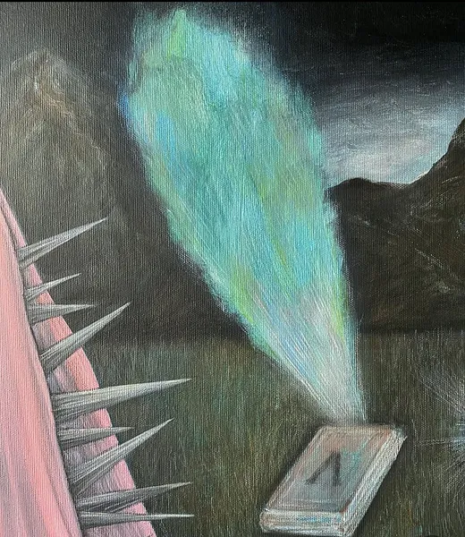 Image of A Pilgrim’s Premonition / Передчуття паломника by ABRA, size: 65x50 cm, made of canvas,acrylic,colored pencil, Painting medium, from Lviv, part of the Thresholds and omens series, priced at $600 Photo 6 of 6.