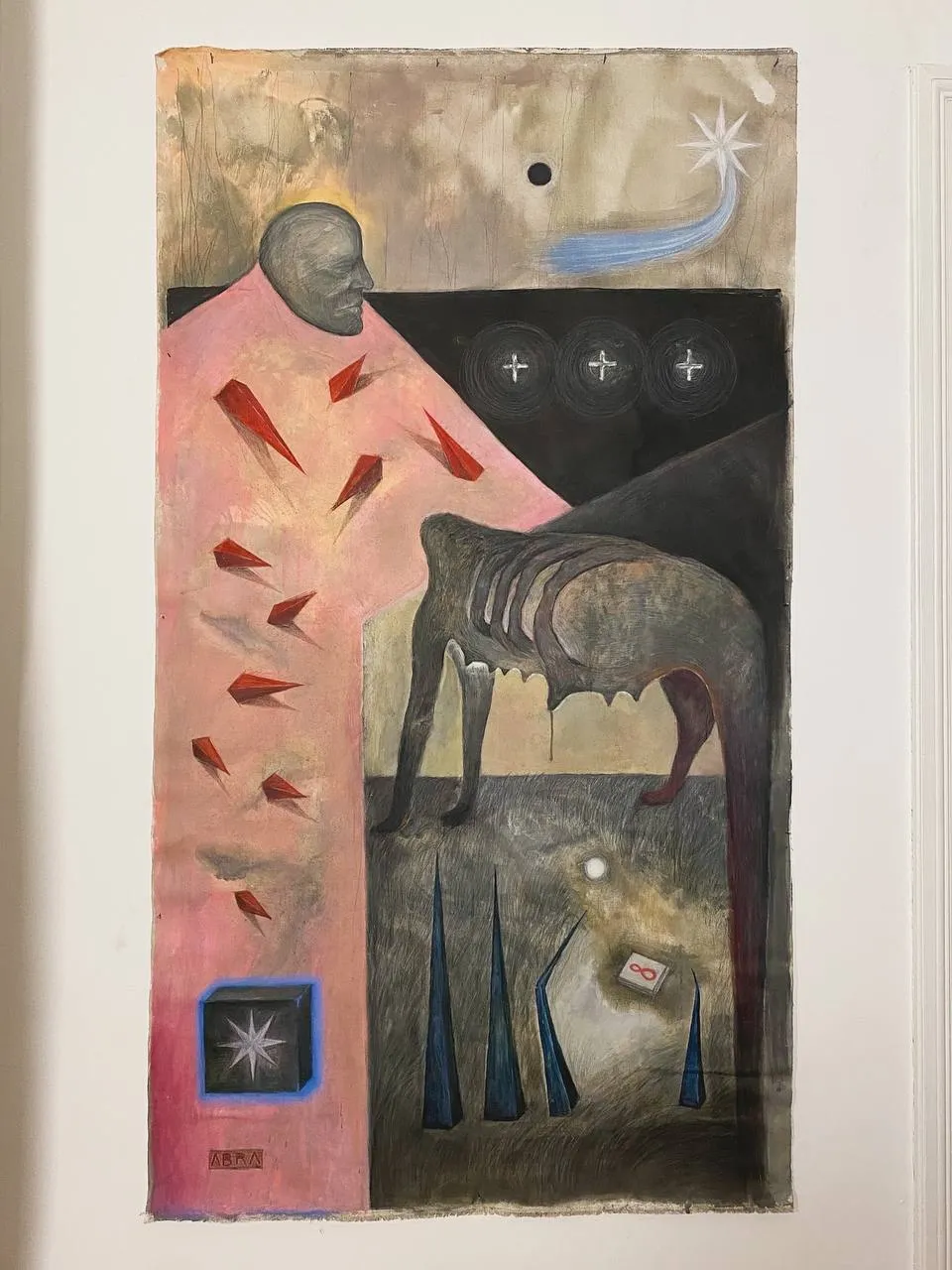 Image of wayfarer / мандрівник by ABRA, size: 205. cm x 115 cm, made of canvas,acrylic,colored pencil, Painting medium, from Lviv, Ukraiine, part of the Thresholds and omens series, priced at $1200