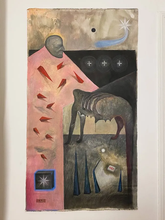 Image of wayfarer / мандрівник by ABRA, size: 205. cm x 115 cm, made of canvas,acrylic,colored pencil, Painting medium, from Lviv, Ukraiine, part of the Thresholds and omens series, priced at $1200